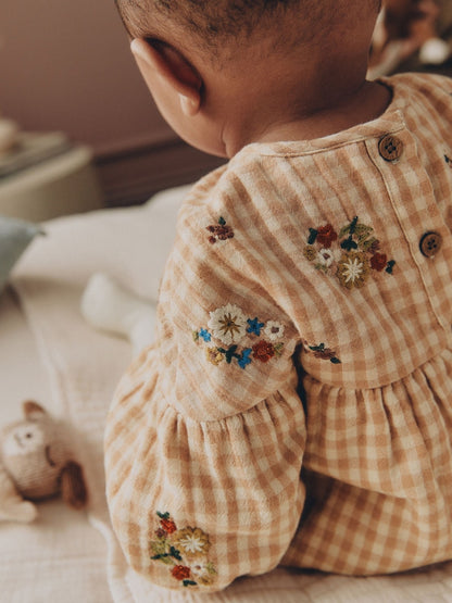 Brown/Cream Check Embroidered Baby Bubble Romper And Tights 2 Piece Set (0mths-2yrs)