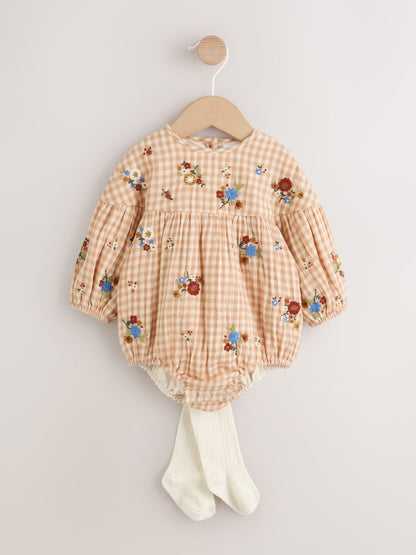 Brown/Cream Check Embroidered Baby Bubble Romper And Tights 2 Piece Set (0mths-2yrs)