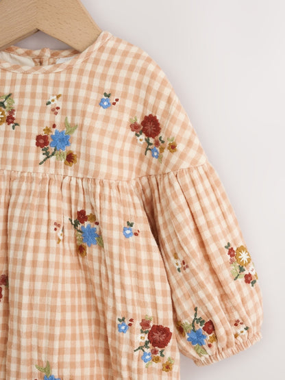 Brown/Cream Check Embroidered Baby Bubble Romper And Tights 2 Piece Set (0mths-2yrs)