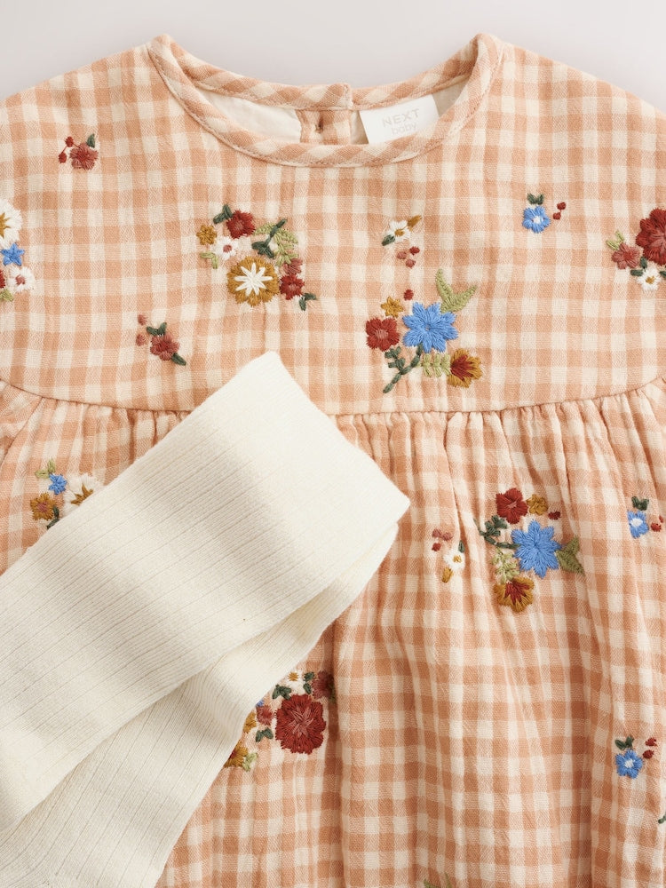 Brown/Cream Check Embroidered Baby Bubble Romper And Tights 2 Piece Set (0mths-2yrs)