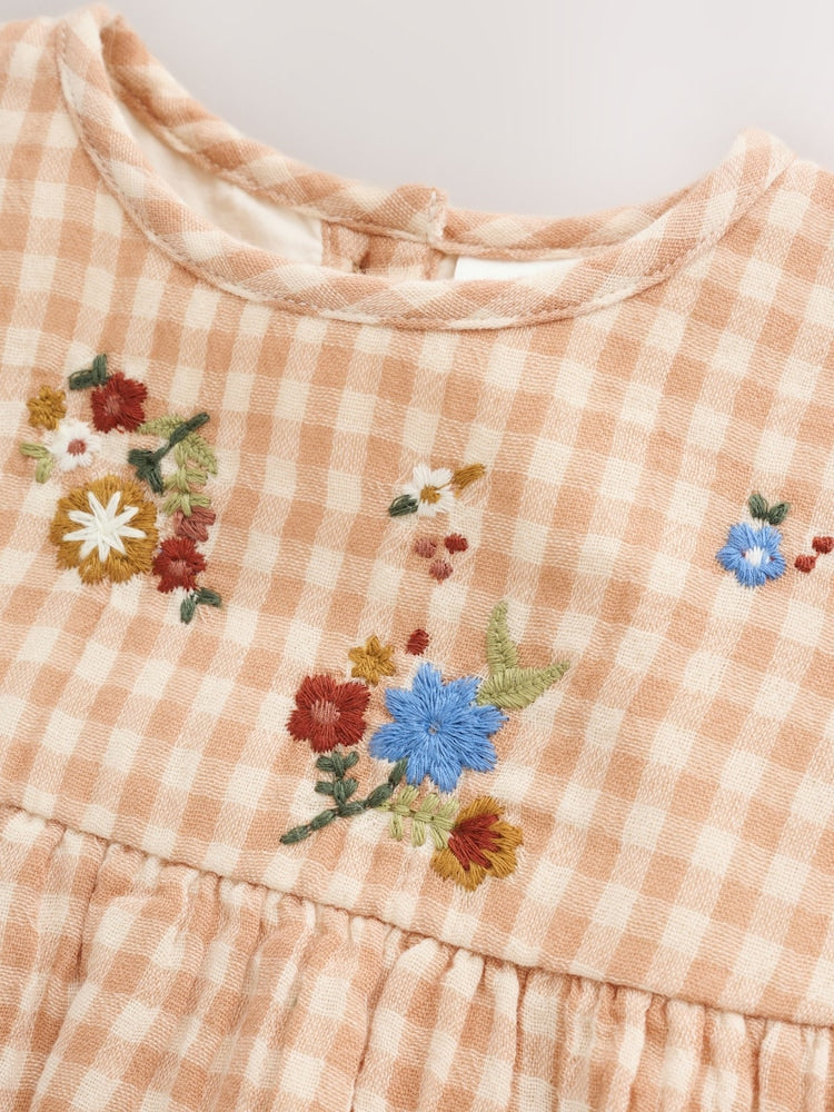 Brown/Cream Check Embroidered Baby Bubble Romper And Tights 2 Piece Set (0mths-2yrs)
