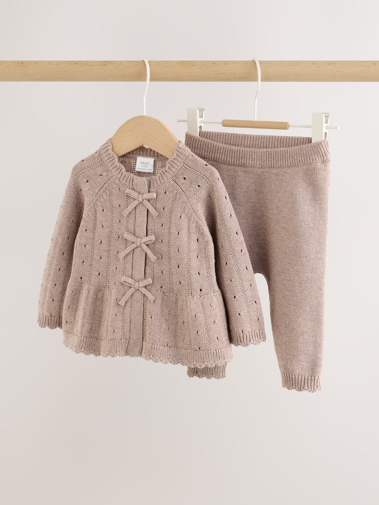 Chocolate Brown Frill Knitted Bow Baby Cardigan &amp; Leggings Set 2 Piece (0mths-2yrs) - Chocolate Brown / Up to 1 Month (50-56cm)