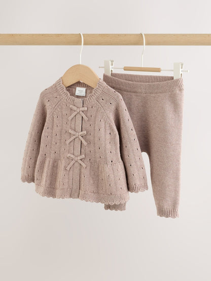 Chocolate Brown Frill Knitted Bow Baby Cardigan &amp; Leggings Set 2 Piece (0mths-2yrs) - Chocolate Brown / Up to 1 Month (50-56cm)