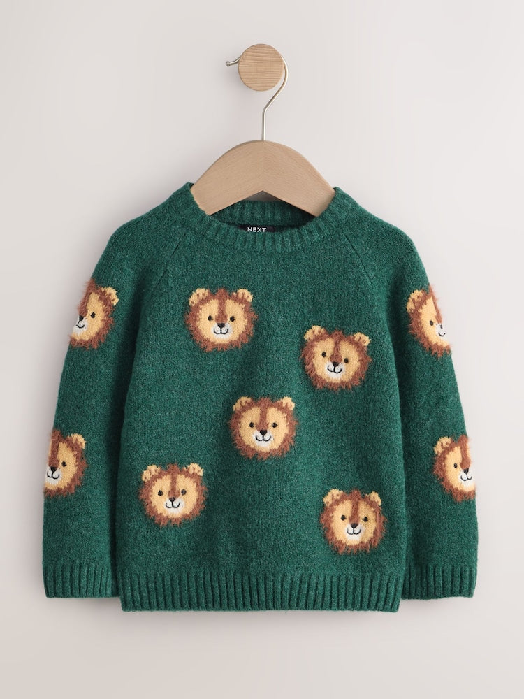 Green Lion All Over Character Knitted Crew Neck Jumper (3mths-7yrs) - Green Lion / 12-18 Months (80-86cm)