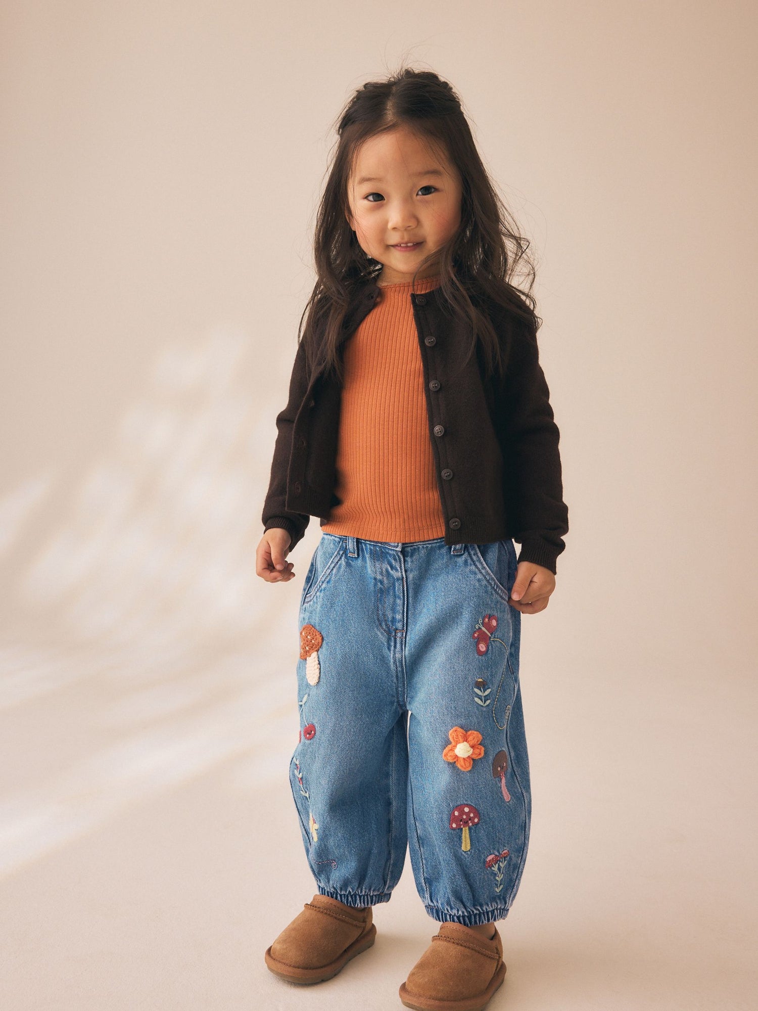 Mushroom/ Floral Embroidered Barrel Jeans (3mths-7yrs) - Size 3-6 Months (62-68cm)