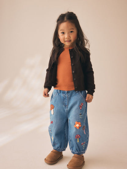 Mushroom/ Floral Embroidered Barrel Jeans (3mths-7yrs) - Size 3-6 Months (62-68cm)