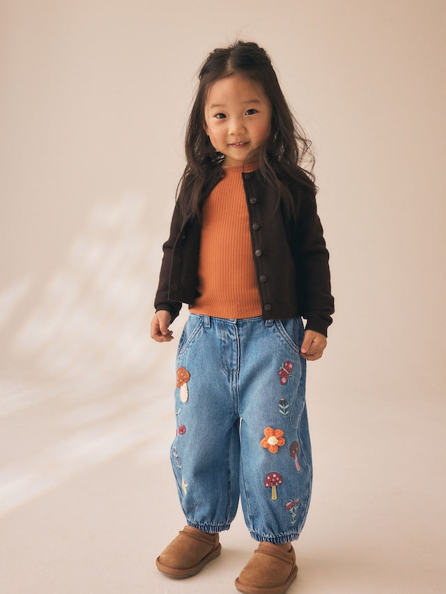 Mushroom/ Floral Embroidered Barrel Jeans (3mths-7yrs) - Size 3-6 Months (62-68cm)