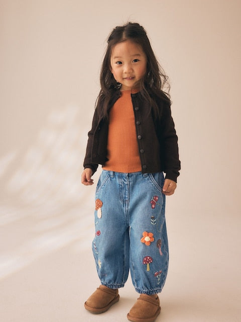 Mushroom/ Floral Embroidered Barrel Jeans (3mths-7yrs) - Size 3-6 Months (62-68cm)