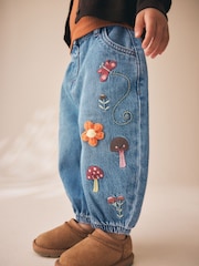 Mushroom/ Floral Embroidered Barrel Jeans (3mths-7yrs) - Size 3-6 Months (62-68cm)