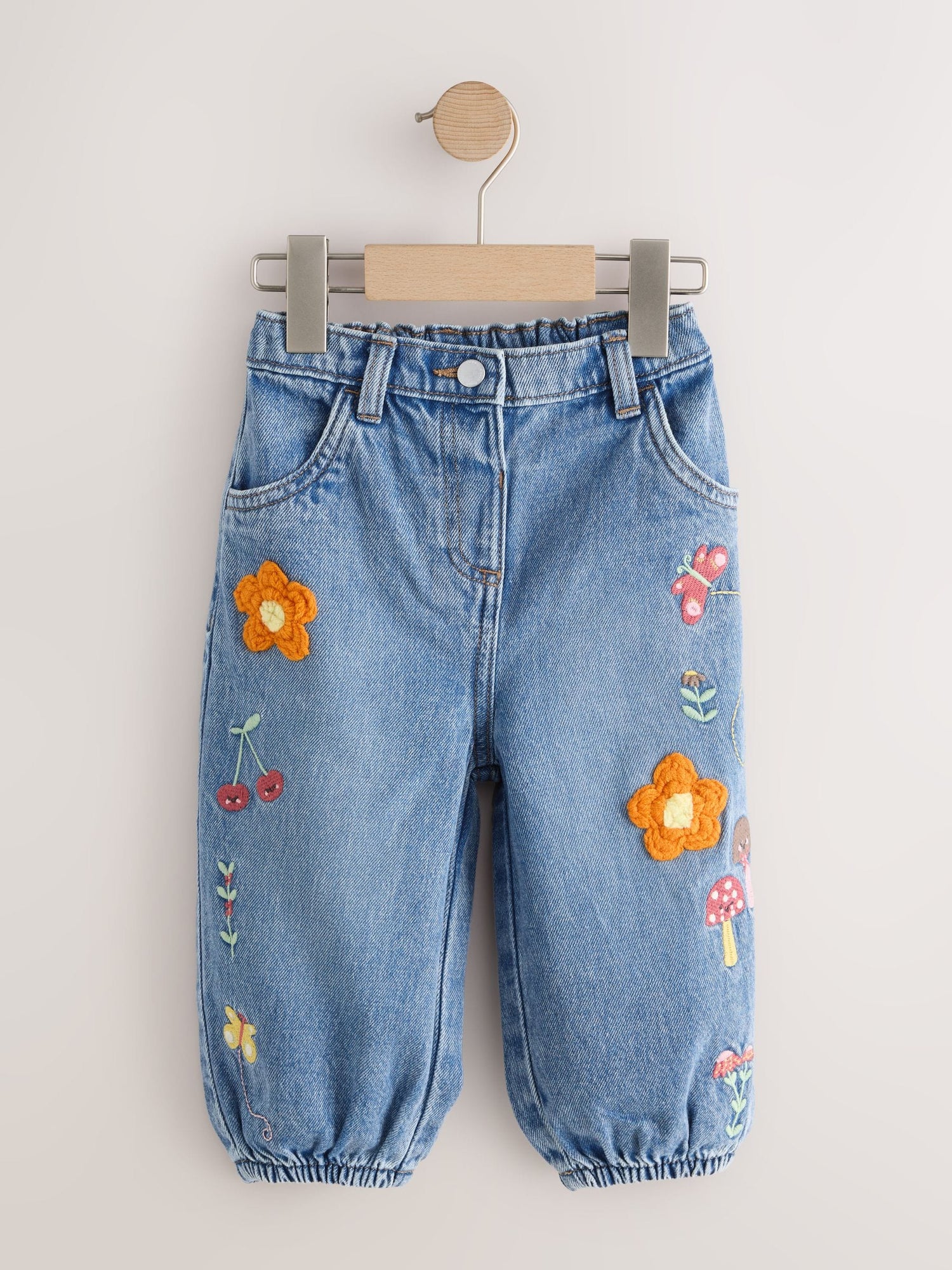 Mushroom/ Floral Embroidered Barrel Jeans (3mths-7yrs) - Size 3-6 Months (62-68cm)