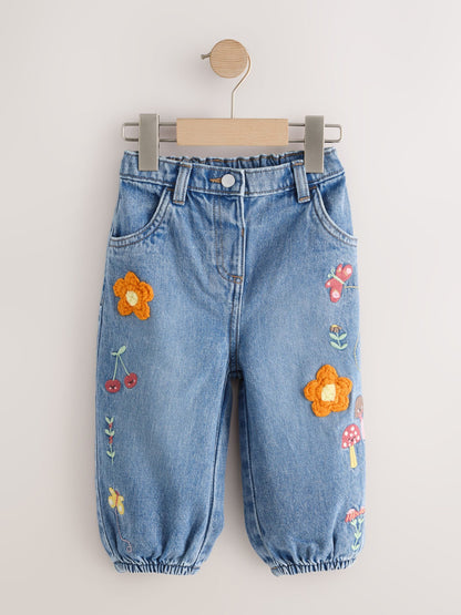 Mushroom/ Floral Embroidered Barrel Jeans (3mths-7yrs) - Size 3-6 Months (62-68cm)