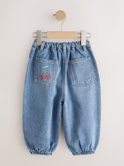 Mushroom/ Floral Embroidered Barrel Jeans (3mths-7yrs) - Size 3-6 Months (62-68cm)