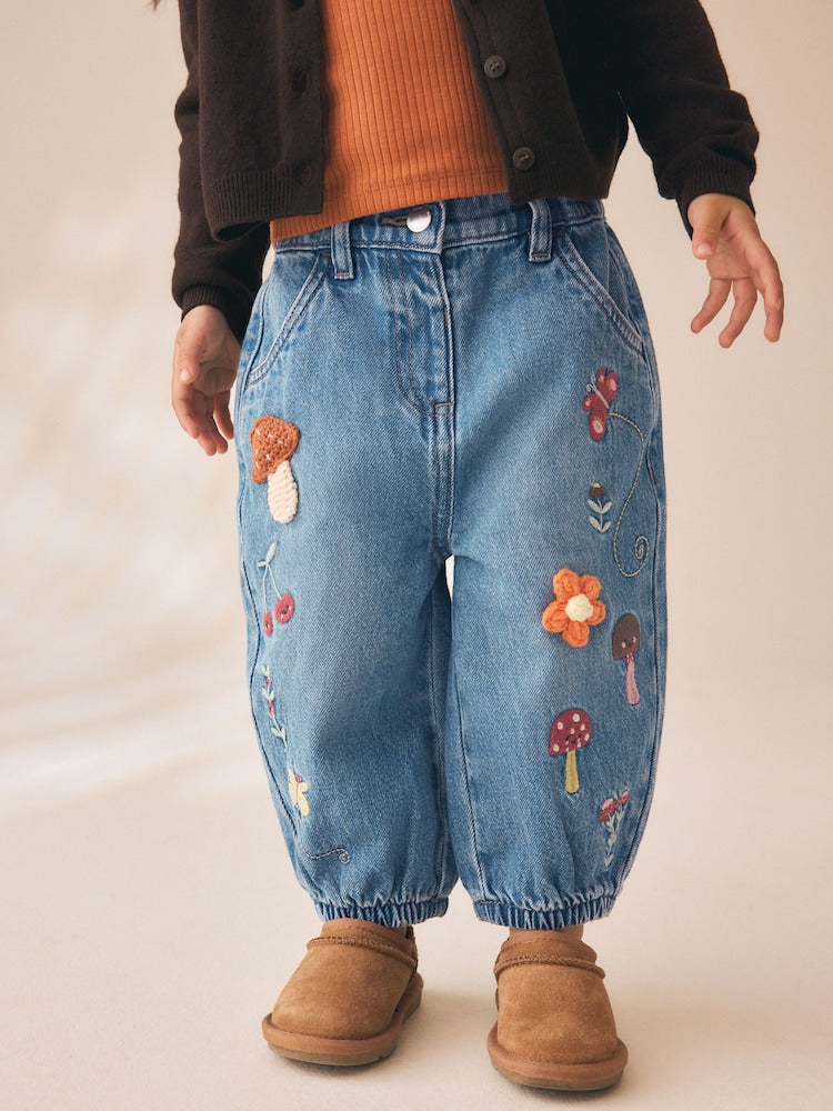Mushroom/ Floral Embroidered Barrel Jeans (3mths-7yrs) - Mushroom/ Floral / 12-18 Months (80-86cm)