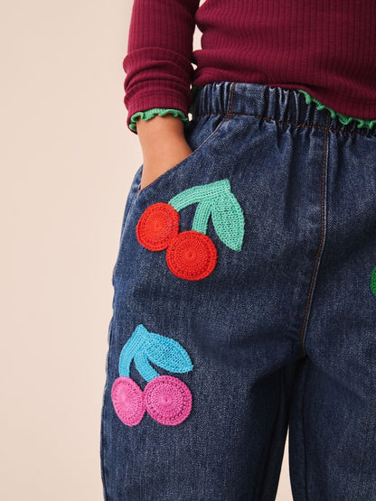 Rainbow Cherry Crochet Embroidered Barrel Jeans (3mths-7yrs)