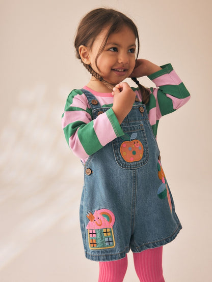 Denim Stripe T-Shirt Dungaree and Tights Set (3mths-7yrs) - Denim Stripe / 12-18 Months (80-86cm)