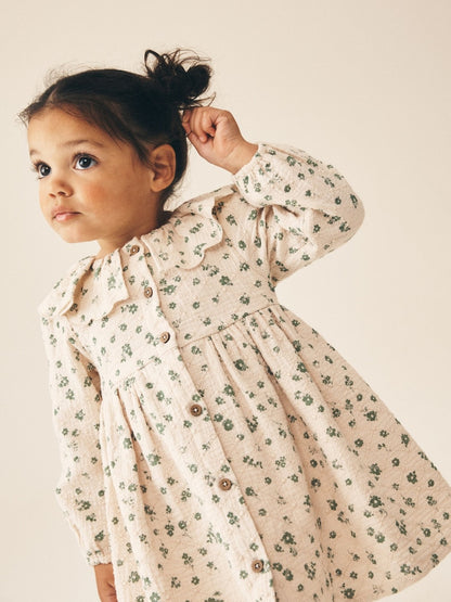 Ecru Ditsy Long Sleeve Collar Dress (3mths-8yrs) - Ecru Ditsy Long Sleeve Collar / 12-18 Months (80-86cm)