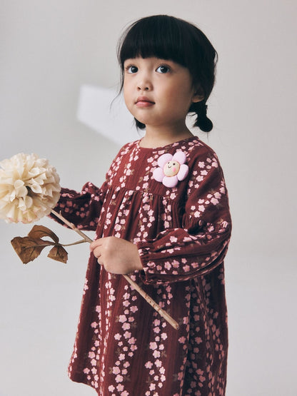Chocolate Brown Flroal Long Sleeve Printed Dress (3mths-8yrs) - Chocolate Brown Flroal / 12-18 Months (80-86cm)