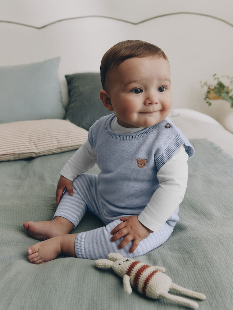 Blue Baby Knit Vest, Bodysuit and Trousers Set (0mths-3yrs) - Blue / Up to 1 Month (50-56cm)