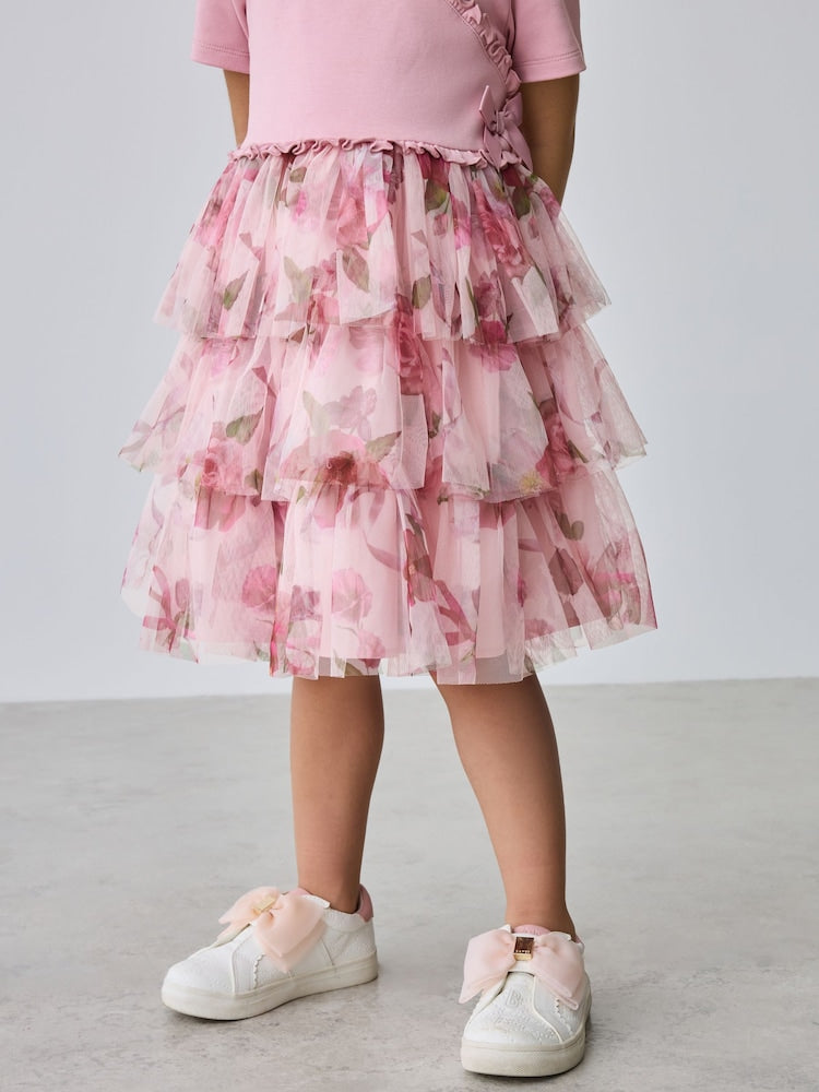 Baker by Ted Baker Ponte Wrap-Over Floral Mesh Tier Dress