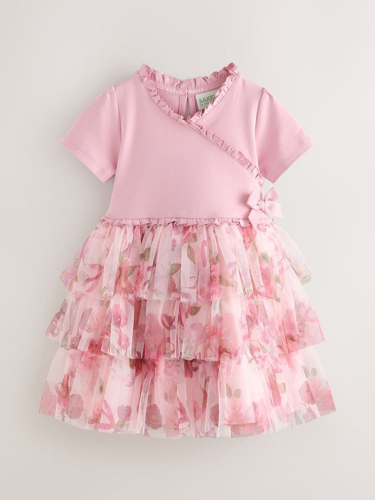 Baker by Ted Baker Ponte Wrap-Over Floral Mesh Tier Dress