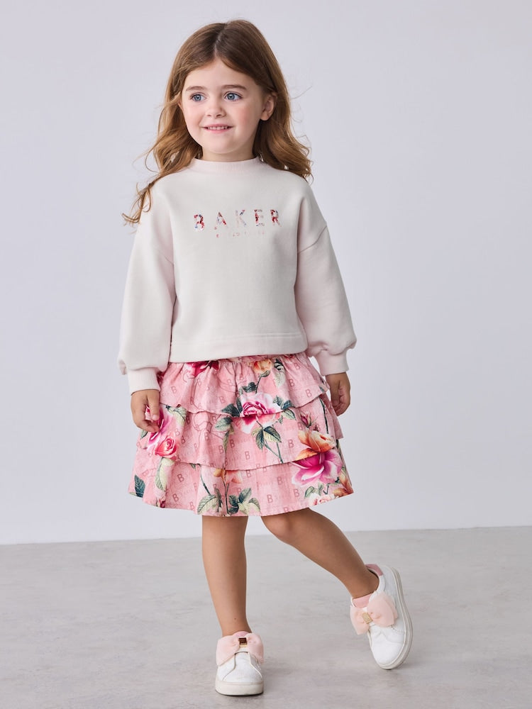 Baker by Ted Baker Pink Sweat Top &amp; Printed Tiered Skirts Set 2 Piece - Size 12-18 Months (80-86cm) - Pink Sweat