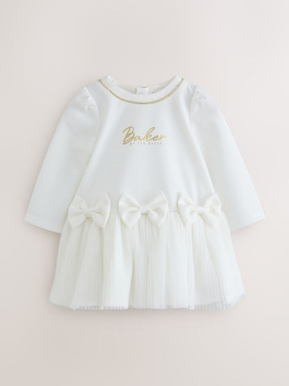 Baker by Ted Baker Cream Crinkle Mesh Hem Bow Ponte Dress - Cream / Up To 3 Months (50 - 62cm)