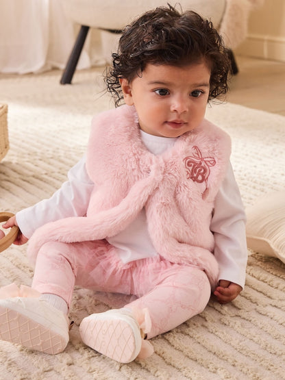 Baker by Ted Baker Pink 3 Piece Fur Gilet T-Shirt &amp; Printed Leggings Set - Pink / Up To 3 Months (50 - 62cm)