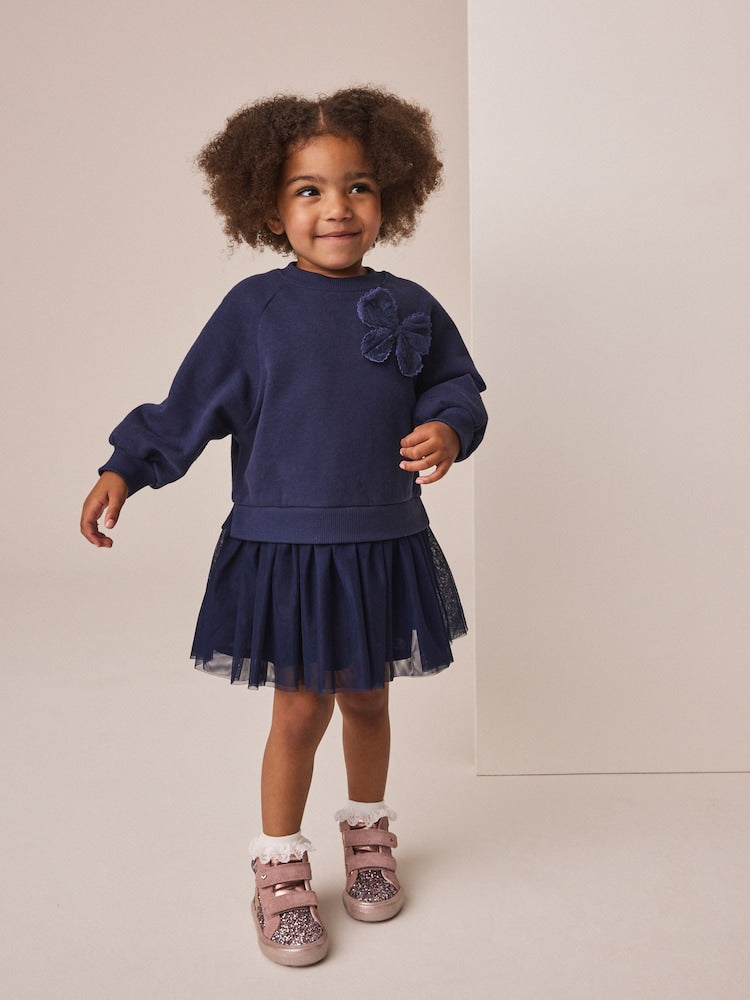 Navy Bow Long Sleeve Sweat Dress (3mths-7yrs) - Navy Bow Long Sleeve Sweat / 12-18 Months (80-86cm)