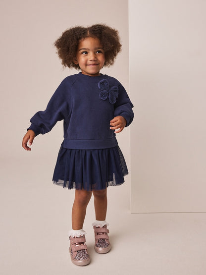 Navy Bow Long Sleeve Sweat Dress (3mths-7yrs) - Navy Bow Long Sleeve Sweat / 12-18 Months (80-86cm)