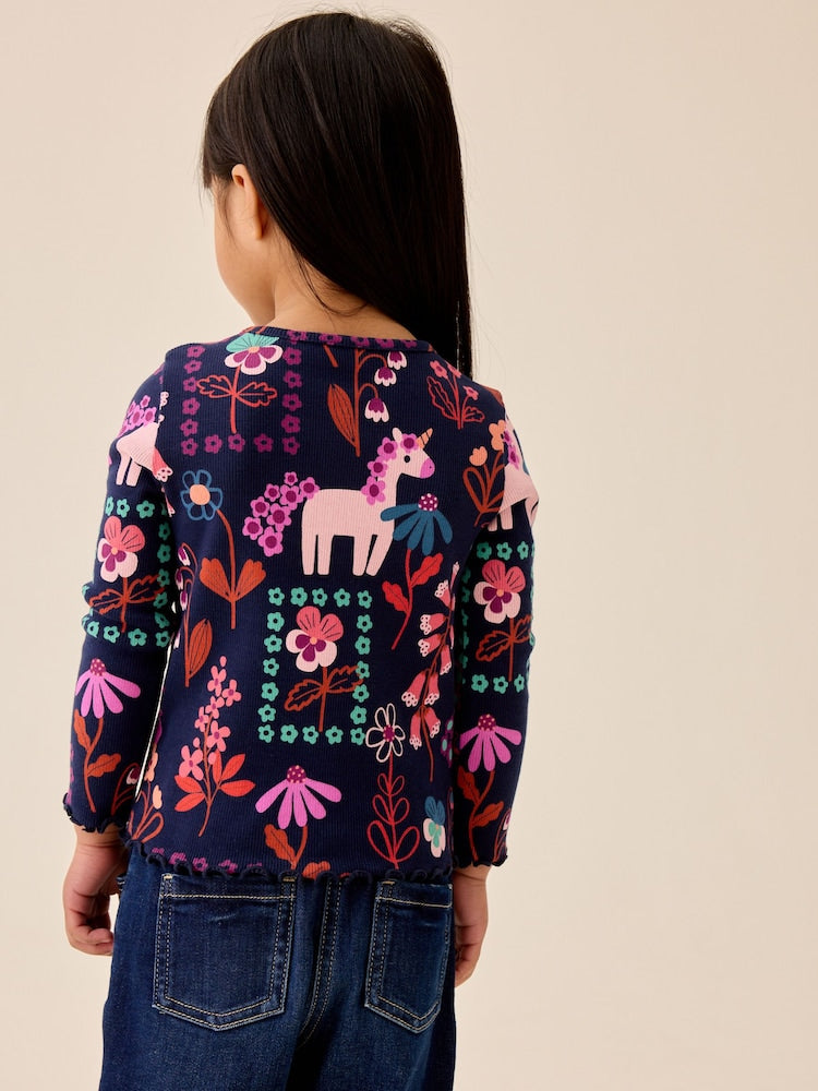 Navy Unicorn Rib Long Sleeve T-Shirt (3mths-7yrs)