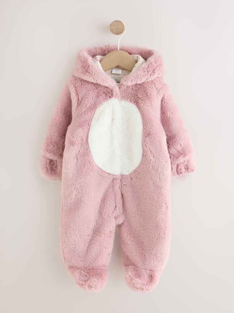 Pink Embroidered Bunny Faux Fur Hooded Baby All-In-One (0mths-2yrs) - Up to 1 Month (50-56cm)