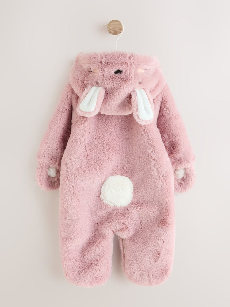 Pink Embroidered Bunny Faux Fur Hooded Baby All-In-One (0mths-2yrs)