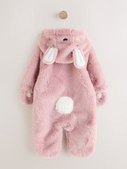 Pink Embroidered Bunny Faux Fur Hooded Baby All-In-One (0mths-2yrs)
