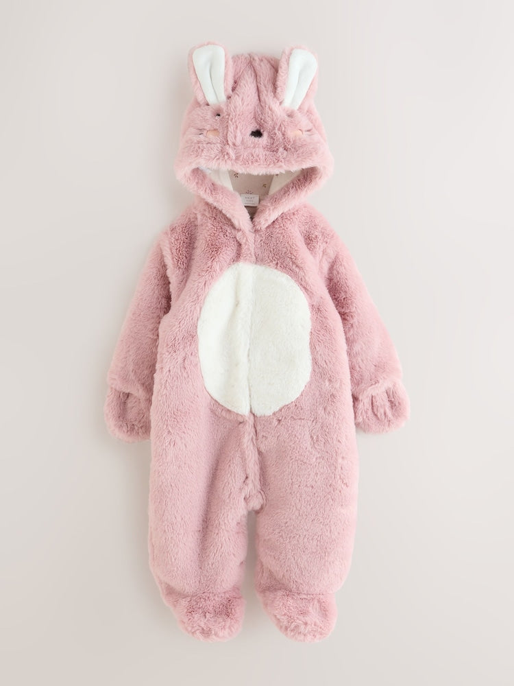 Pink Embroidered Bunny Faux Fur Hooded Baby All-In-One (0mths-2yrs)