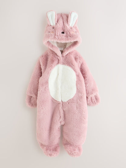 Pink Embroidered Bunny Faux Fur Hooded Baby All-In-One (0mths-2yrs)