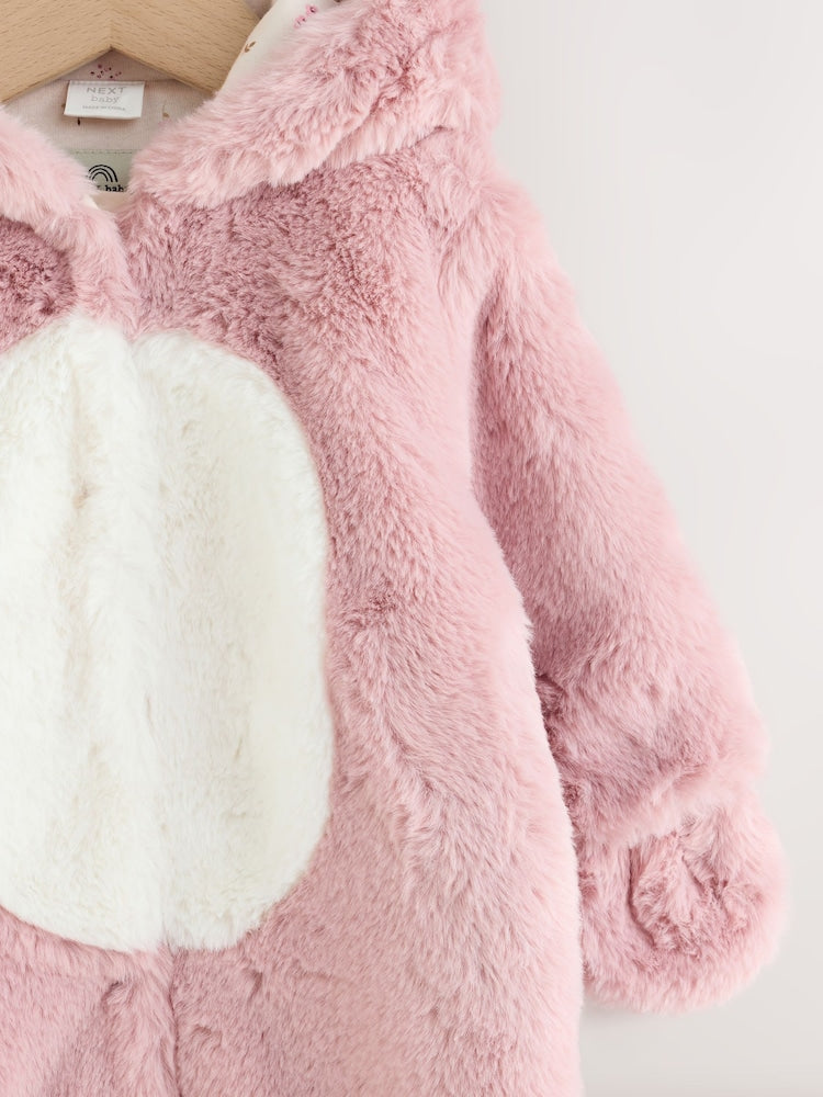 Pink Embroidered Bunny Faux Fur Hooded Baby All-In-One (0mths-2yrs)