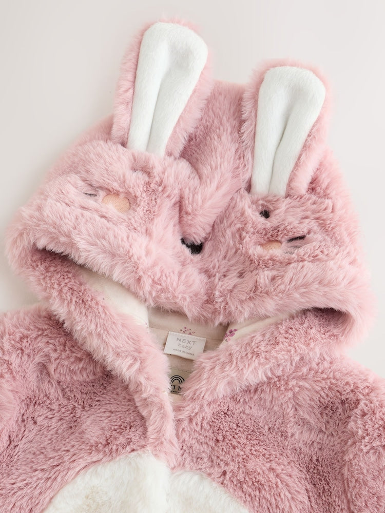 Pink Embroidered Bunny Faux Fur Hooded Baby All-In-One (0mths-2yrs)
