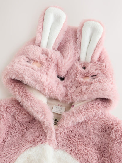 Pink Embroidered Bunny Faux Fur Hooded Baby All-In-One (0mths-2yrs)