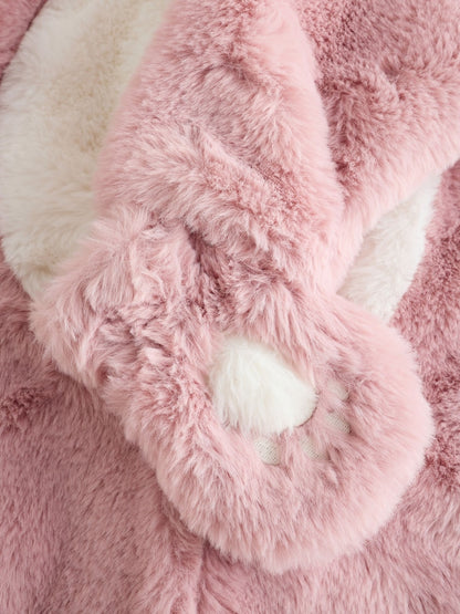 Pink Embroidered Bunny Faux Fur Hooded Baby All-In-One (0mths-2yrs)