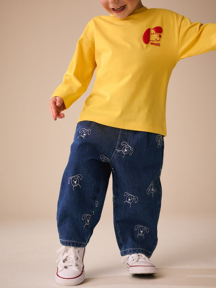 Dark Blue All Over Embroidered Wide Barrel Jeans (3mths-7yrs)