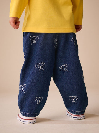 Dark Blue All Over Embroidered Wide Barrel Jeans (3mths-7yrs)