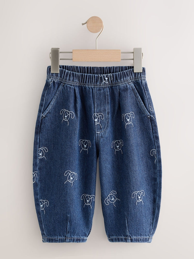 Dark Blue All Over Embroidered Wide Barrel Jeans (3mths-7yrs)