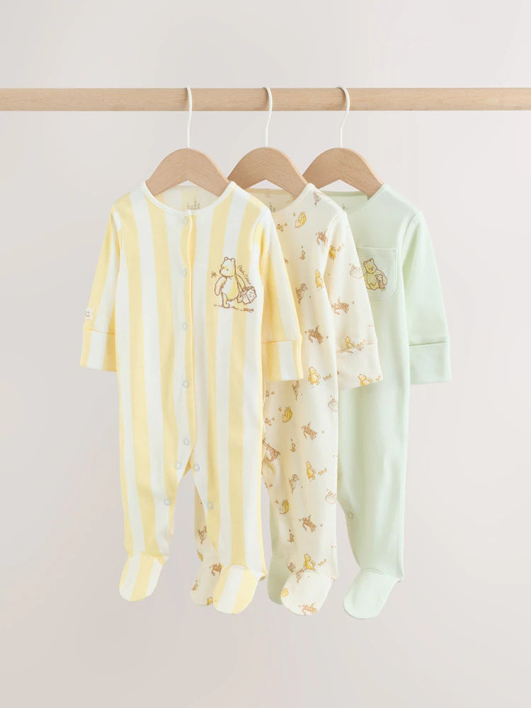 Yellow Winnie the Pooh Baby Sleepsuits 3 Pack (0mths-2yrs)