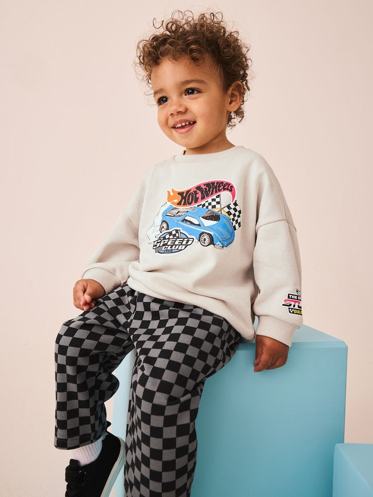 Grey Checkerboard Hot Wheels Crew And Jogger Set (9mths-8yrs)