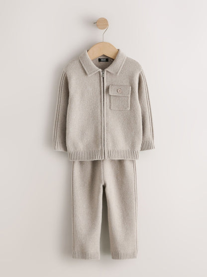 Neutral Knitted Zip Up Cardigan and Joggers Set (3mths-7yrs)