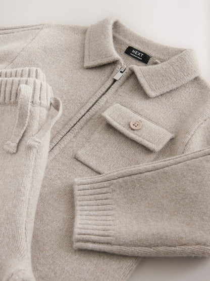 Neutral Knitted Zip Up Cardigan and Joggers Set (3mths-7yrs)