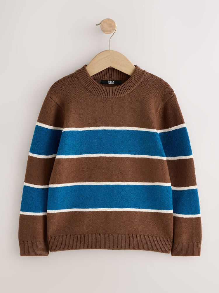 Blue/Brown Stripe Knitted Crew Neck Jumper (3-16yrs) - Size 3 Years (98cm) - Blue/Brown