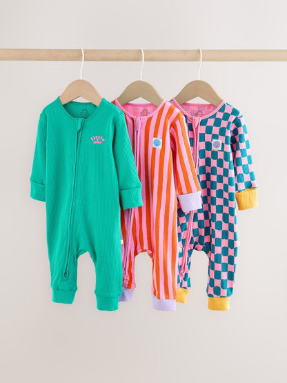 Pink/Blue Checkerboard Two Way Zip Baby Sleepsuits 3 Pack (0mths-3yrs) - Pink/Blue Checkerboard / Up to 1 Month (50-56cm)