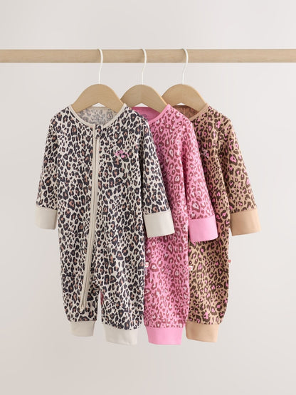 Pink Animal Print Two Way Zip Baby Sleepsuits 3 Pack (0mths-3yrs) - Pink Animal Print / Up to 1 Month (50-56cm)