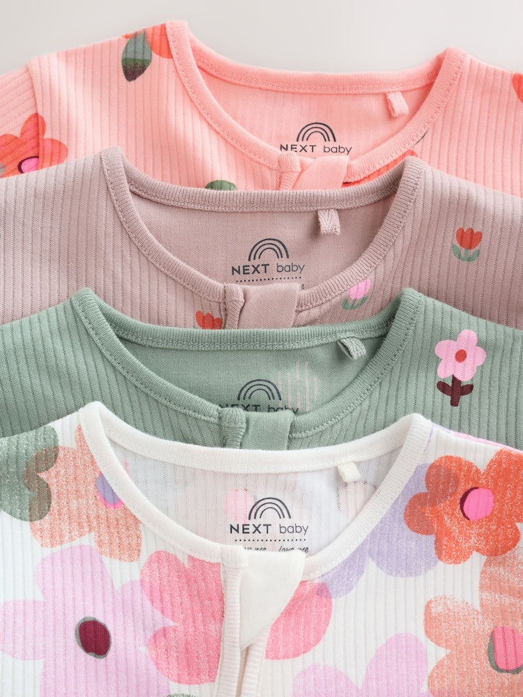 Orange Floral Two-Way Zip Baby Sleepsuits 4 Pack (0mths-3yrs)